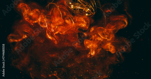 Shimmering flow. Defocused garland illumination. Orange red smoke color ink stream. Cloud flare particles splash bokeh light abstract black background.