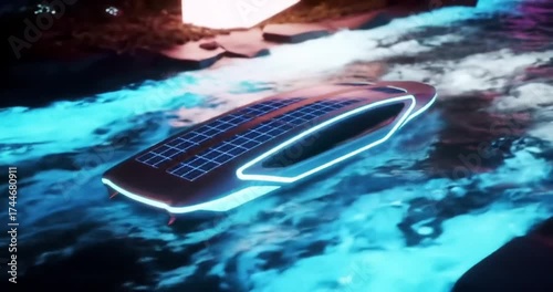 Futuristic solar-powered boat navigating through water