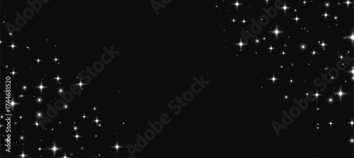 White sparkling stars background, shiny particles light effect, flying stardust texture, abstract twinkle backdrop. Vector illustration.