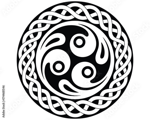 Celtic Triskelion Knot Vector Symbol – Ancient Tribal Spiral Design in Circular Pattern, Black and White Decorative Ornament for Tattoo, Logo, and Spiritual Art Projects