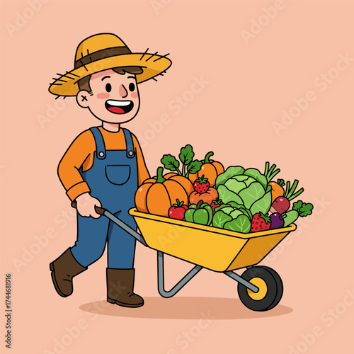 Cartoon farmer pushing a yellow wheelbarrow filled with vegetables, wearing orange shirt, straw hat, and blue overalls, smiling on peach background.
