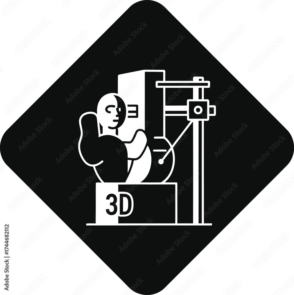 Fototapeta premium Stylized black and white icon depicting a 3d printer creating a human head sculpture with the letters 3d
