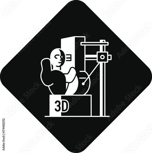 Stylized black and white icon depicting a 3d printer creating a human head sculpture with the letters 3d