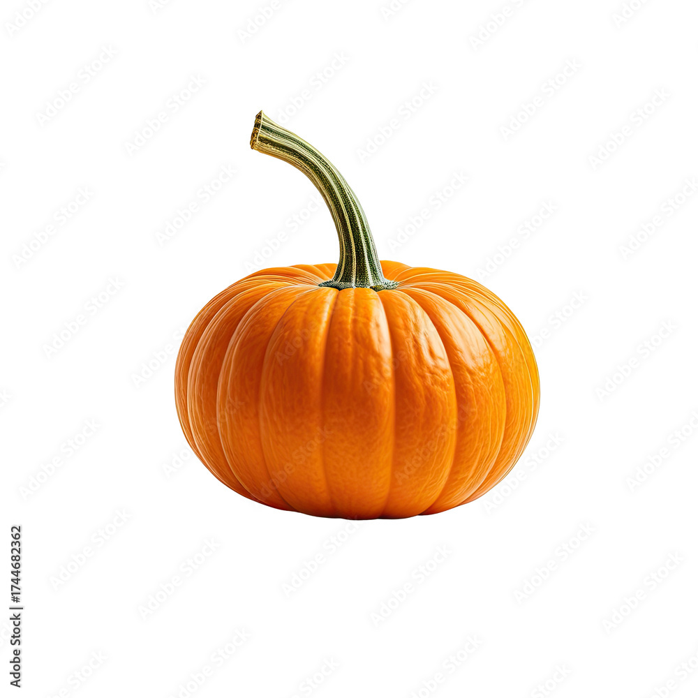 Obraz premium Orange pumpkin with green stem sits against stark black background