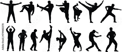 Silhouettes, dancers, martial artists, dynamic poses, high kicks, handstands, movement, choreography, fitness, balance, black figures, white background, action, energy, flexibility, perf