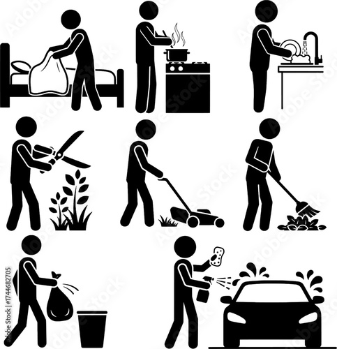 Household Chores, Cleaning, and Home Maintenance Stick Figure Icon Set