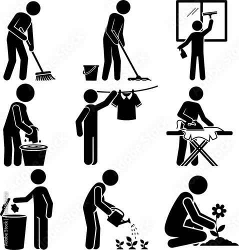 House Cleaning, Laundry, and Gardening Stick Figure Icon Set