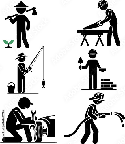 Various Occupations and Professions Stick Figure Icon Set