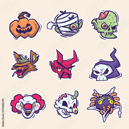 A collection of nine cartoon Halloween monster heads including a pumpkin, mummy, zombie, werewolf, devil, grim reaper, clown, skull, and spider.