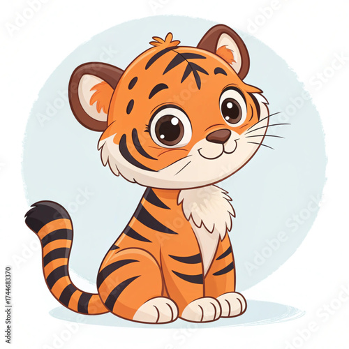 Adorable cartoon baby tiger sitting and smiling
