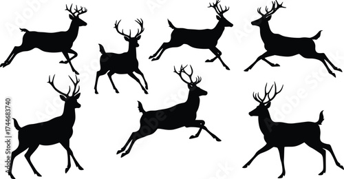 Deer silhouettes collection, antlered stags, wildlife poses, running and standing deer, forest animals, hunting vector, nature illustration, wild elegance, strength