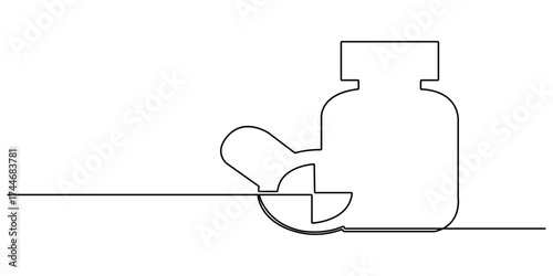 Continuous one line drawing of Pills Bottle Falling. Single line drawing illustration of Pills Falling out of bottle. Medical Capsules Container concept vector art. Doodle line illustration.