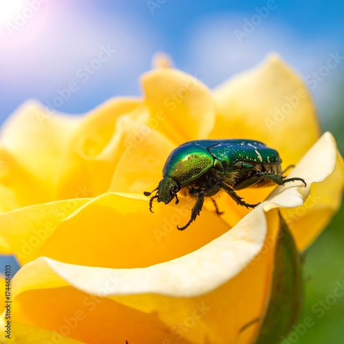 Emerald beetle resting on bright yellow rose petals