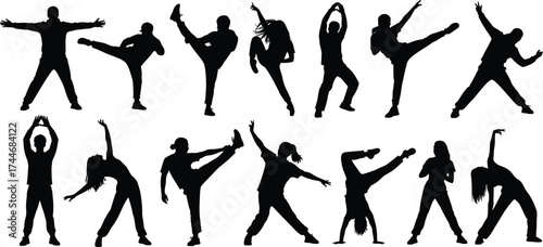 Silhouette dancers, martial arts poses, dynamic movement, black figures, white background, expressive stances, choreography, physical energy, action, fitness, combat, training, perform