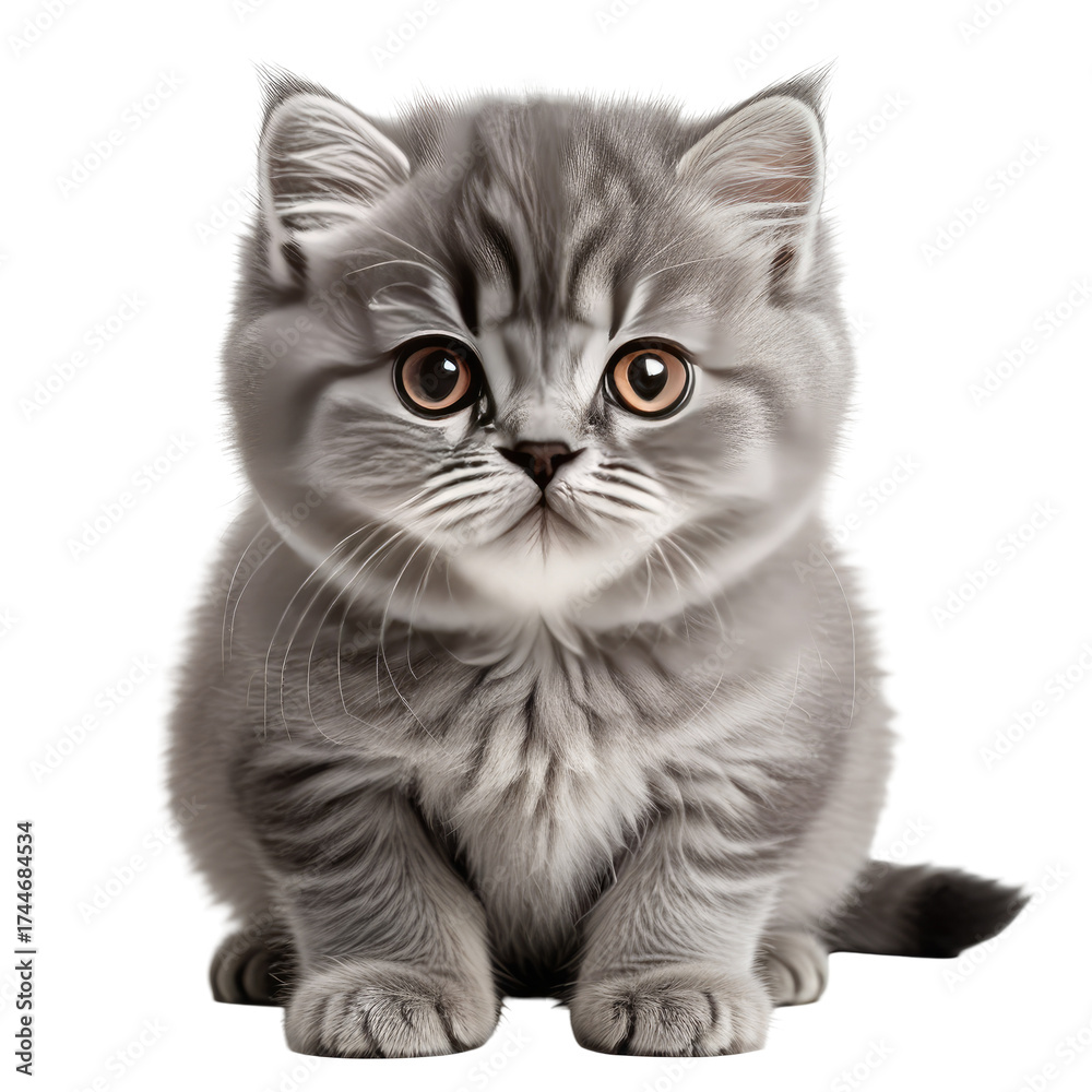 Obraz premium Cute, gray kitten with big eyes sits and looks directly at the viewer
