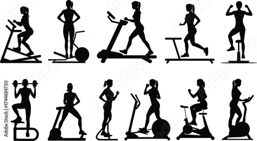 Women gym silhouettes, fitness workout, cardio training, exercise equipment, treadmill, elliptical, stationary bike, dumbbells, medicine ball, active lifestyle, healthy body