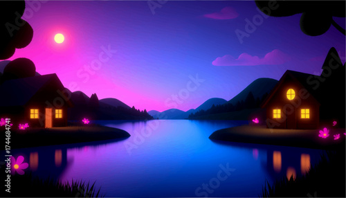 night landscape with houses and lake