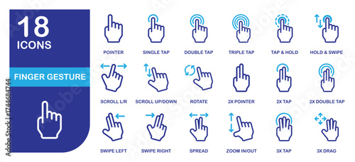 Colored finger gesture icon set with 18 touch actions like tap, swipe, scroll, rotate, and zoom. Perfect for mobile apps, UI design, and technology infographics.