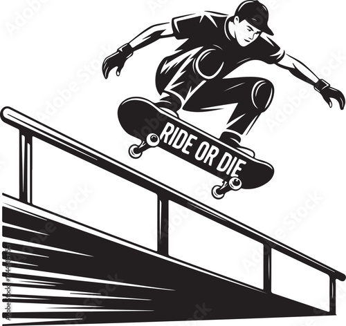 Skateboarder performs trick, ride or die