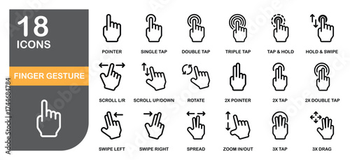 A collection of 18 outline icons representing hand gestures for mobile and touchscreen interfaces. Perfect for UI/UX design, apps, and motion tutorials.