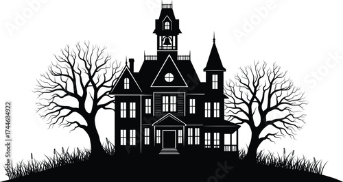 Haunted house silhouette, spooky gothic mansion, eerie Halloween night, creepy trees, horror scene, dark hilltop, scary atmosphere, ghost story backdrop