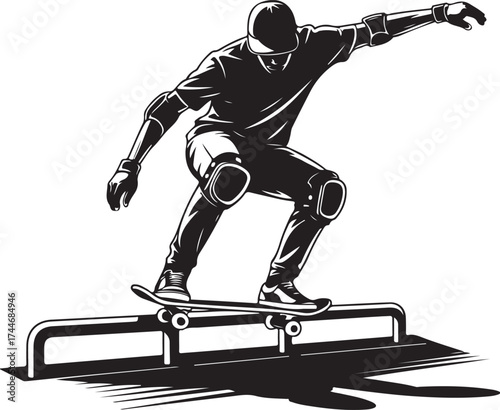 Skateboarder grinds rail, dynamic silhouette, action sport