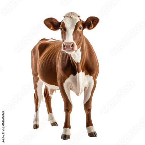 Brown and white cow standing, looking forward with curious eyes