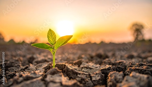 Emerging sprout against cracked earth, bathed in warm sunset glow