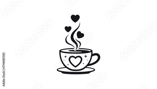 A steaming cup of love coffee with hearts