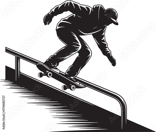 Dynamic skateboarder grinds rail with urban energy