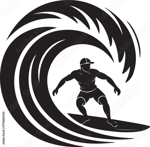 Dynamic surfer rides massive wave, action sport silhouette