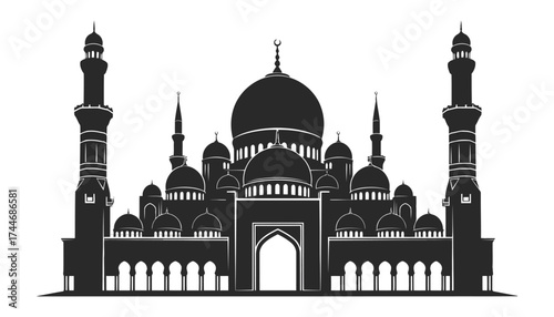 Silhouette of a majestic mosque with minarets