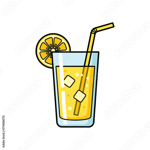Refreshing Lemonade Illustration with Ice Cubes and Straw in a Glass.