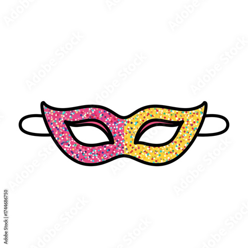 Colorful carnival mask with glitter and eye holes for festive celebrations.