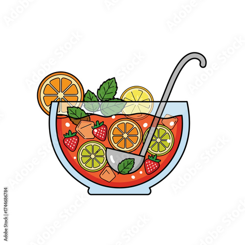 Refreshing Fruit Punch Bowl with Ladle and Garnish.