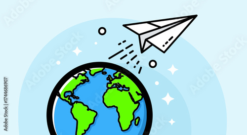 Modern Vector Illustration of Earth and Paper Plane for Travel Design in Blue Green Colors