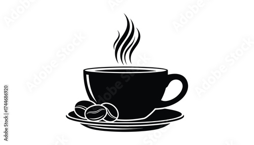 A steaming cup of black coffee with coffee beans
