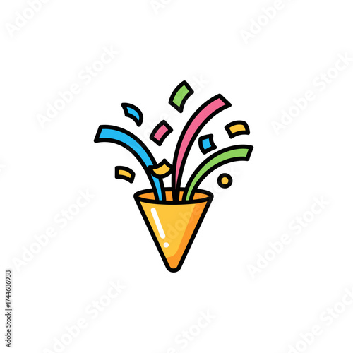 Colorful party popper illustration with confetti and vibrant celebration elements.