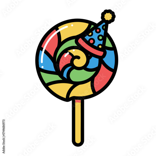 Colorful Swirl Lollipop with Party Hat Sweet Treat.