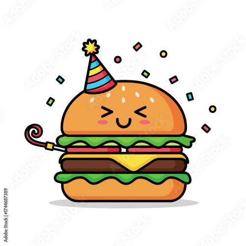 Cute Happy Burger Wearing Party Hat Celebrating Birthday.