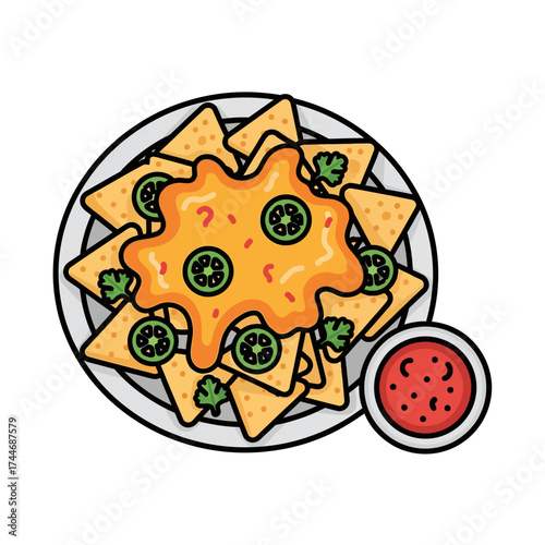 Cartoon Illustration of Nachos with Cheese and Jalapenos.