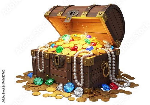 Open Treasure Chest Full of Gold and Jewels on Transparent Background