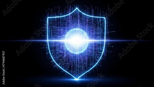 Glowing digital shield symbolizing cybersecurity protection and data defense
