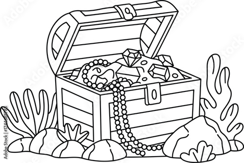 Open treasure chest filled with jewels and pearls underwater scene