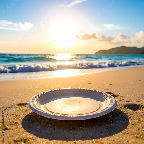 Empty disposable plate on a sandy beach in the sunset