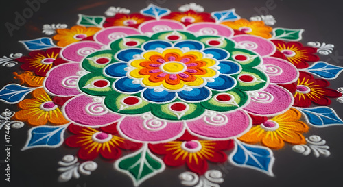 Vibrant and intricate Rangoli design bursts with colorful floral patterns, celebrating tradition and festive joy in stunning detail