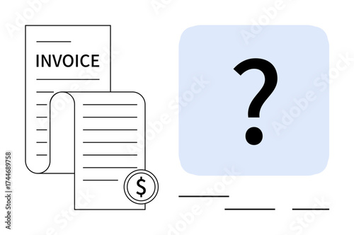 Paper invoice and coin represent financial exchange, question mark conveys confusion or doubt. Ideal for payment issues, expenses, billing, budgeting, financial planning, accounting, simple flat