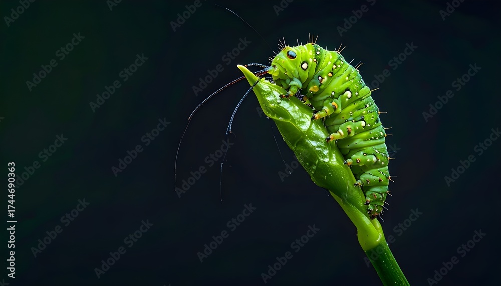 Naklejka premium Vibrant green caterpillar, a fascinating insect larva, meticulously rests on a tender plant shoot, showcasing nature's intricate details and the cycle of life with striking clarity