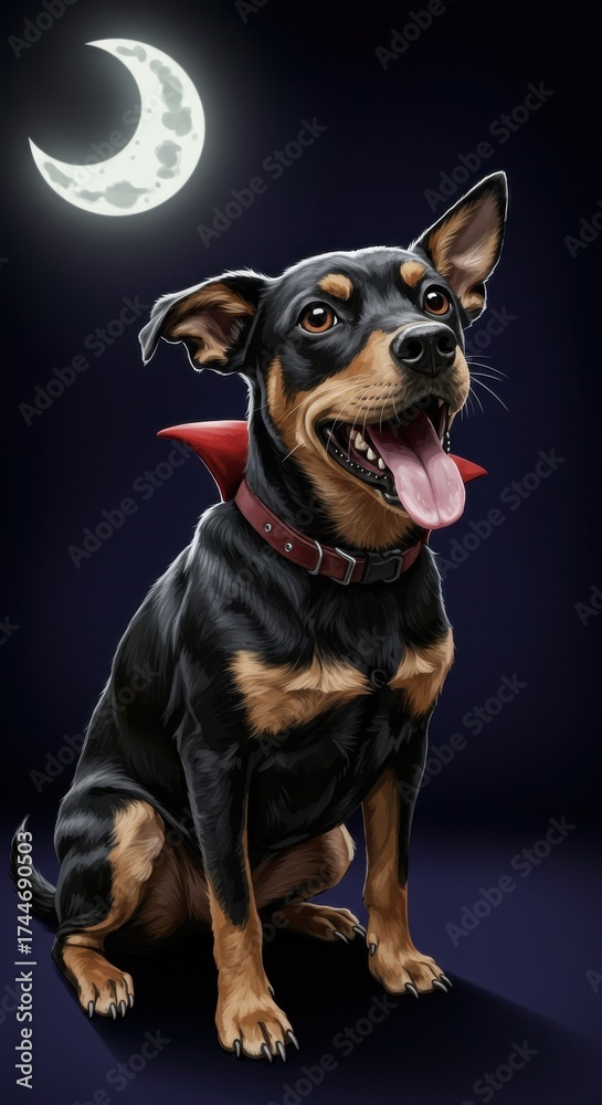 Obraz premium A cute dog dressed as vampire sitting under the moon cartoon illustration