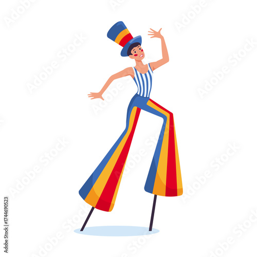A stilt walker on stilts.  Circus, fair, carnival. Vector illustration